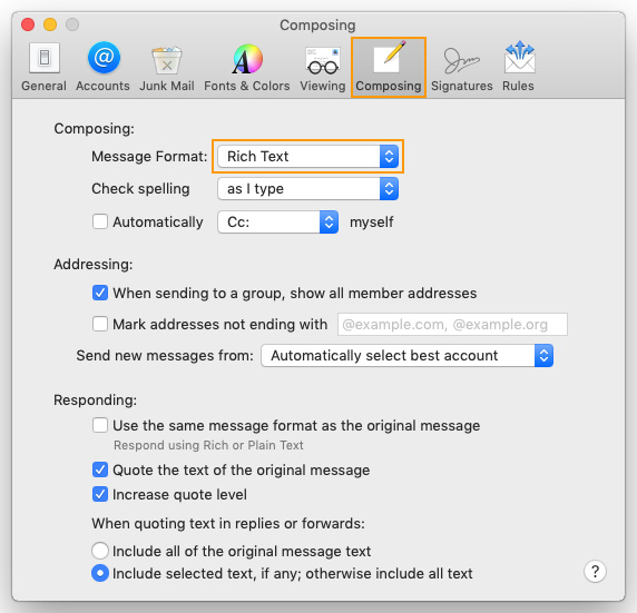 Mac Mail Signature. Select Rich Text value.