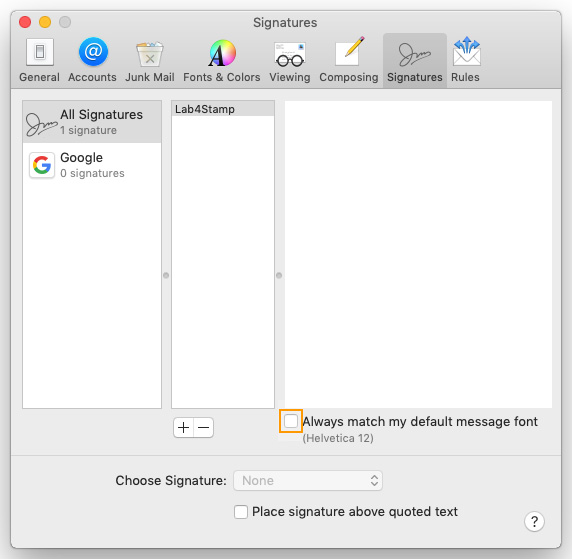 Mac Mail Signature. Disable default font.
