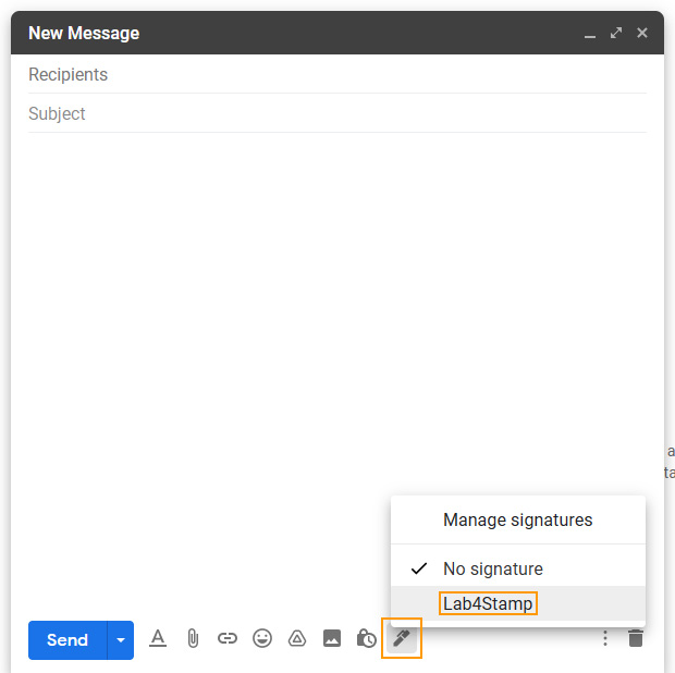 Gmail Signature. Button Insert signature.