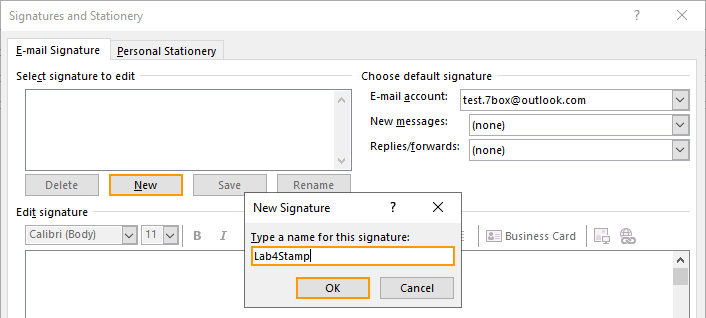 Outlook Signature. Button New signature.