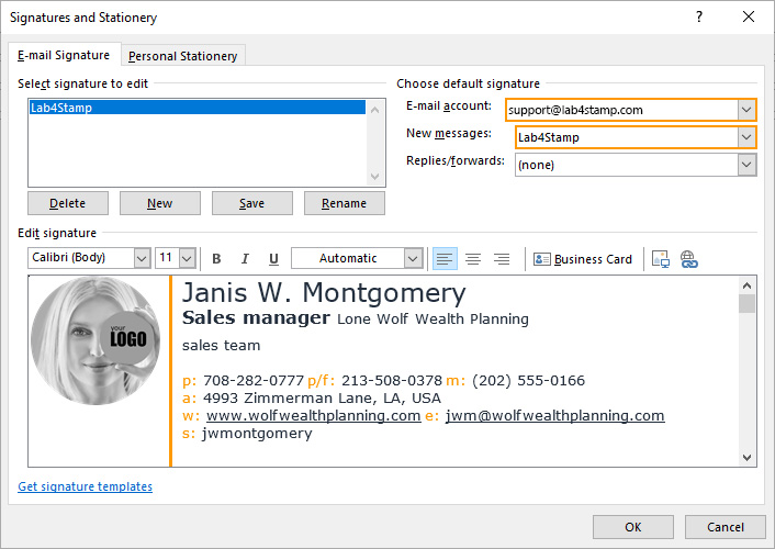 Outlook Signature. E-mail account.